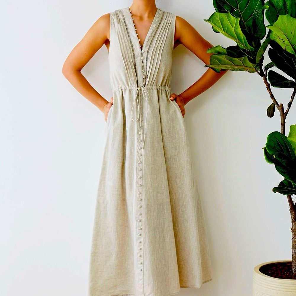 Chicwish Cream Sleeveless Button-Front Maxi Dress with Drawstring Waist